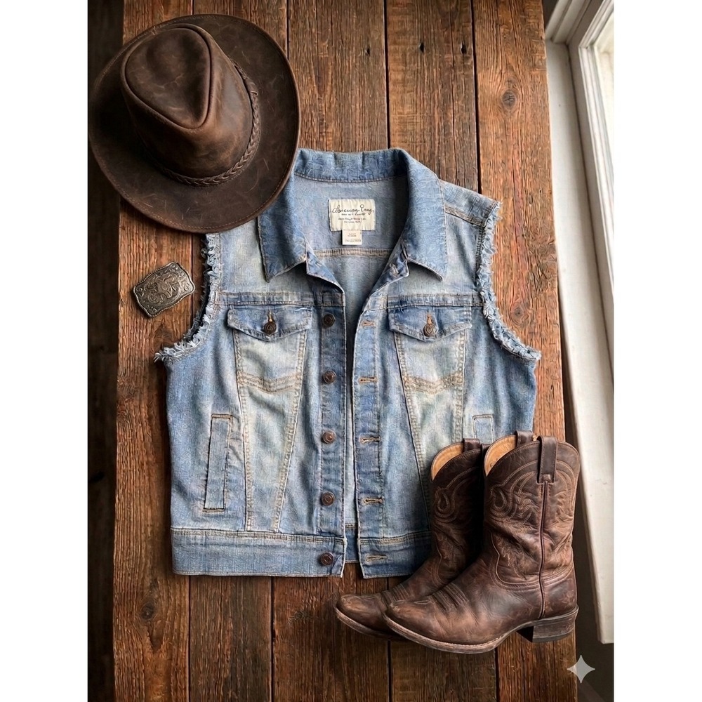 American Rag Blue Denim Vest Women 1X Distressed Frayed Western Trucker Jacket